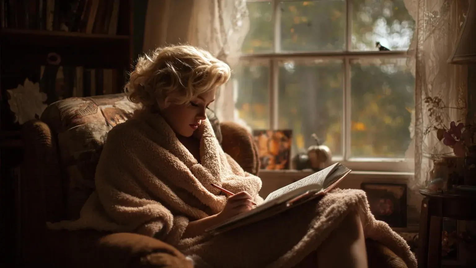 A woman using an activity book for self-care, looking peaceful.