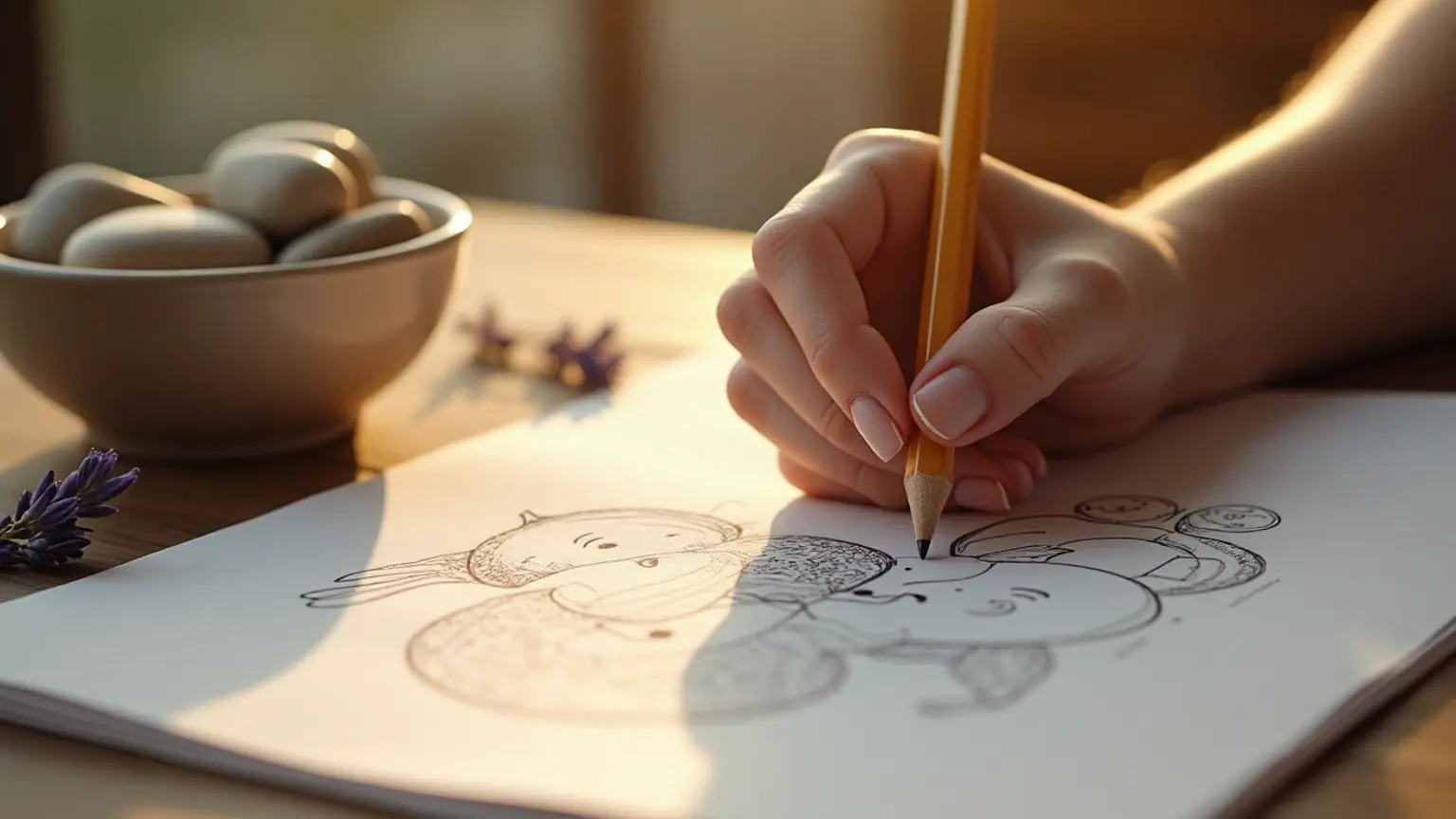 A woman practicing slow creative self-care with a book and pencil.