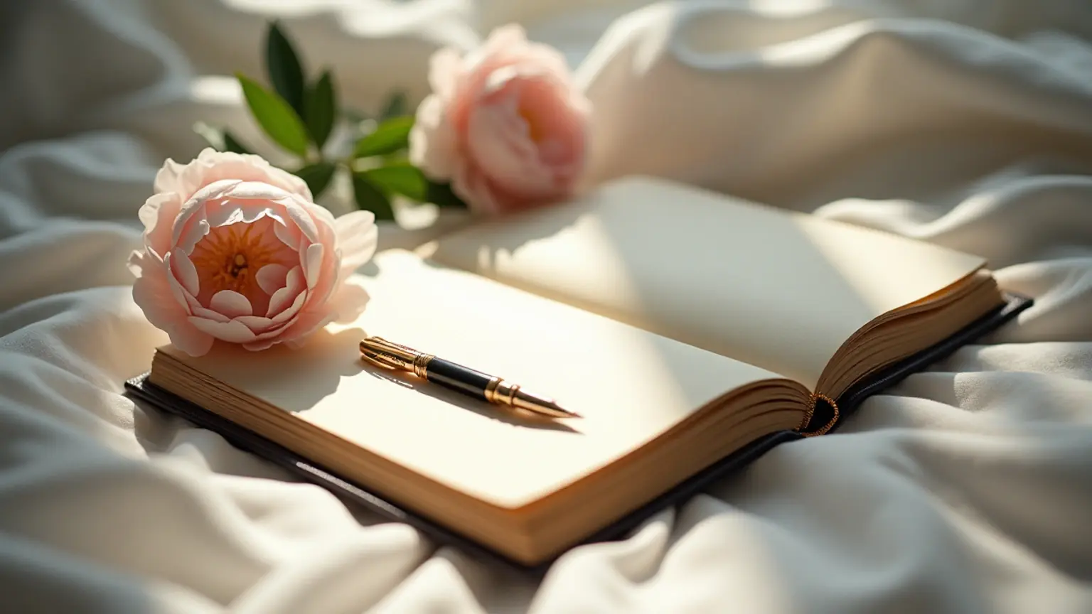 An open journal and a pen on white sheets, symbolizing a safe space for reflection.