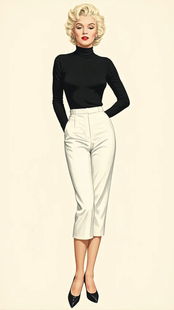 Minimalist fashion sketch of Marilyn Monroe in a black turtleneck and white cigarette pants.