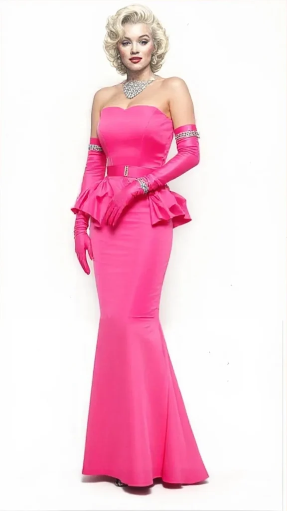 High-fashion croquis of Marilyn Monroe in her shocking pink satin gown with the oversized back bow.