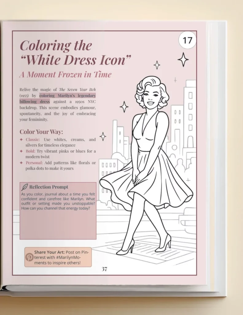 An interior page of the 52 Marilyn Moments Book: Coloring the "White Dress Icon"