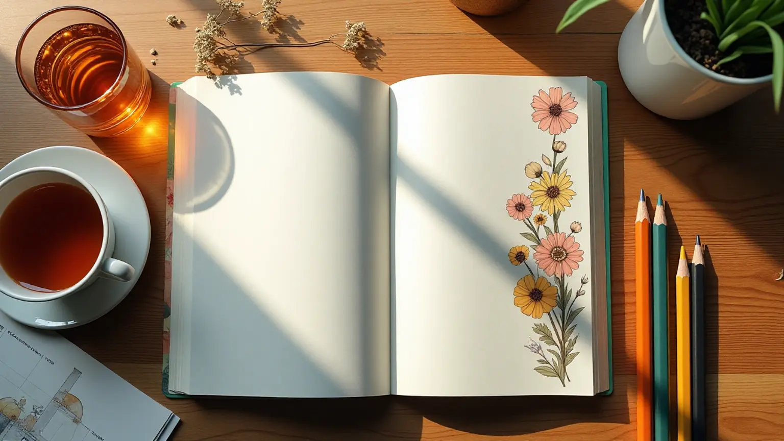 An open activity book for adults with tea and pencils, symbolizing self-care.